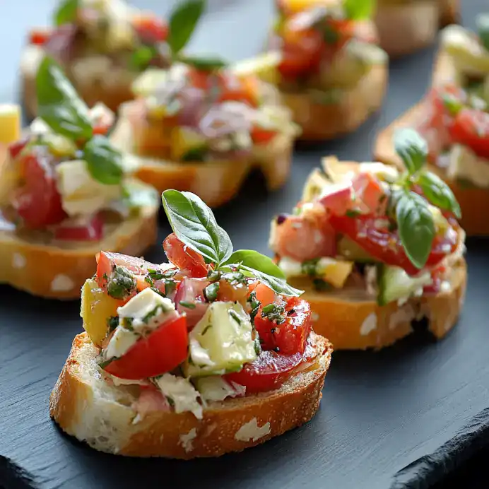 Fresh tomato and mozzarella bruschetta topped with basil on toasted baguette slices.