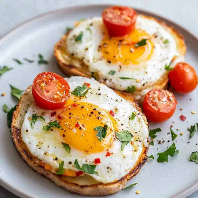 Eggs Benedict on toasted bread with cherry tomatoes and herbs, served for breakfast or brunch.