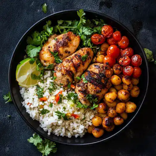 Grilled chicken with cherry tomatoes, cauliflower rice, and herbs on a black plate.