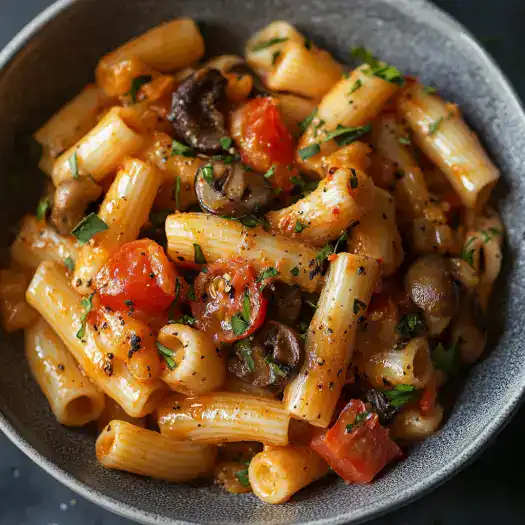 Creamy vegetable pasta with cherry tomatoes and herbs for a delicious, vegetarian-friendly meal.