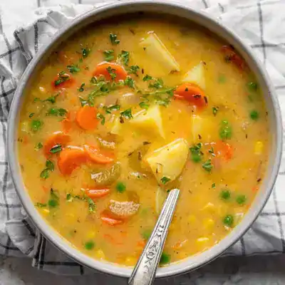 Creamy vegetable soup with potatoes, carrots, and peas, garnished with fresh herbs.