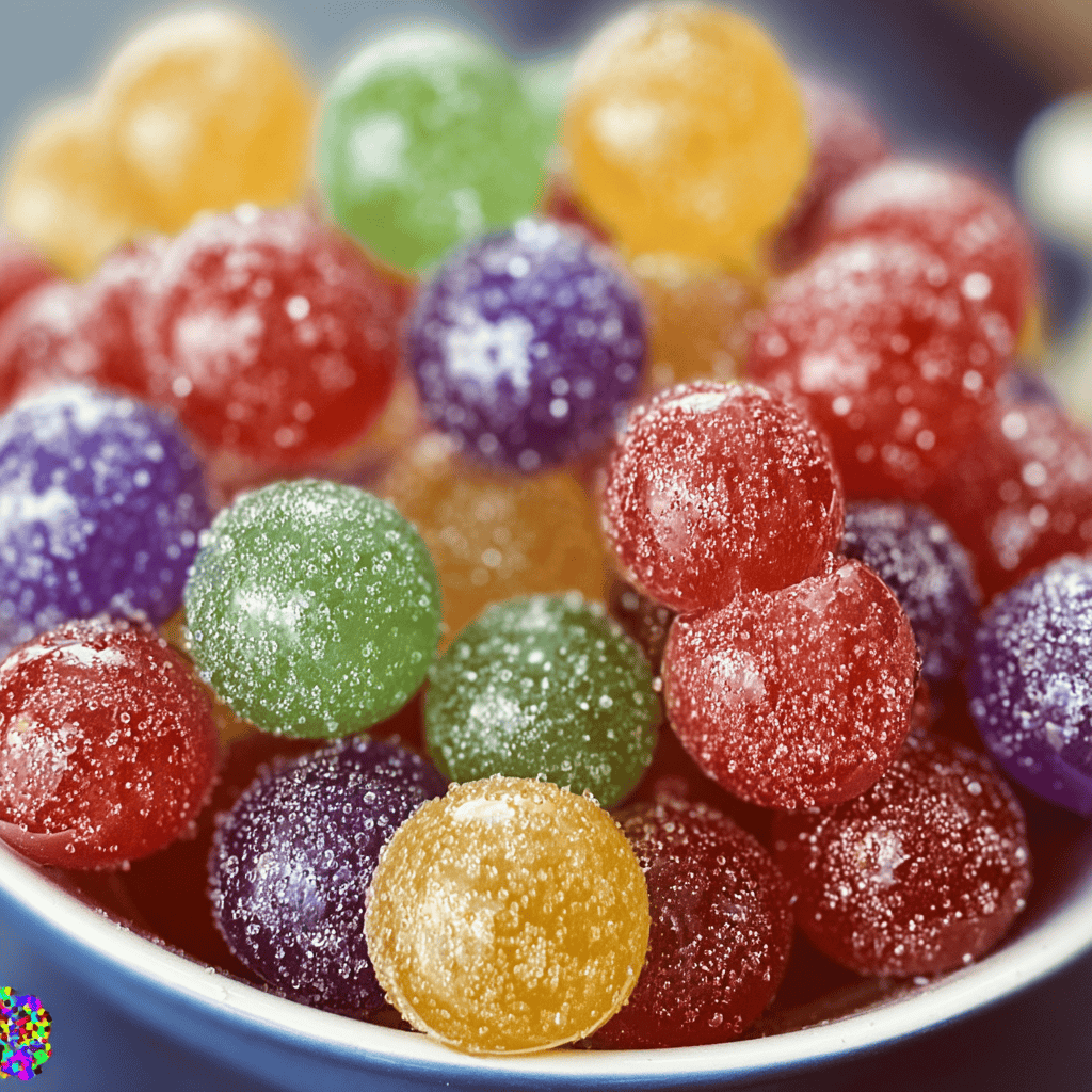 Sugar-coated colorful gumdrops in bowl, vibrant candy, sweet treat, dessert recipe, festive snack.