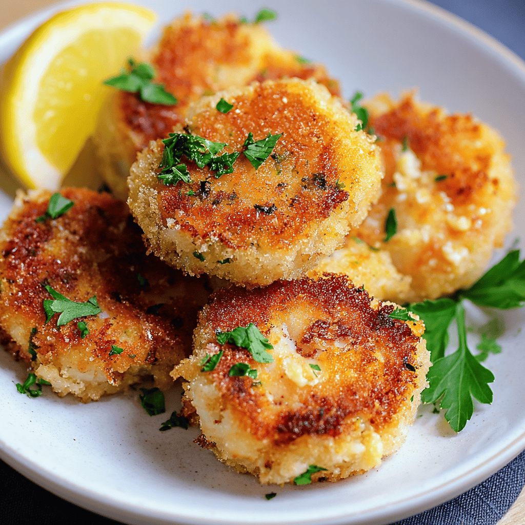Golden crispy breaded seafood cakes with lemon wedges on white plate, garnished with herbs.