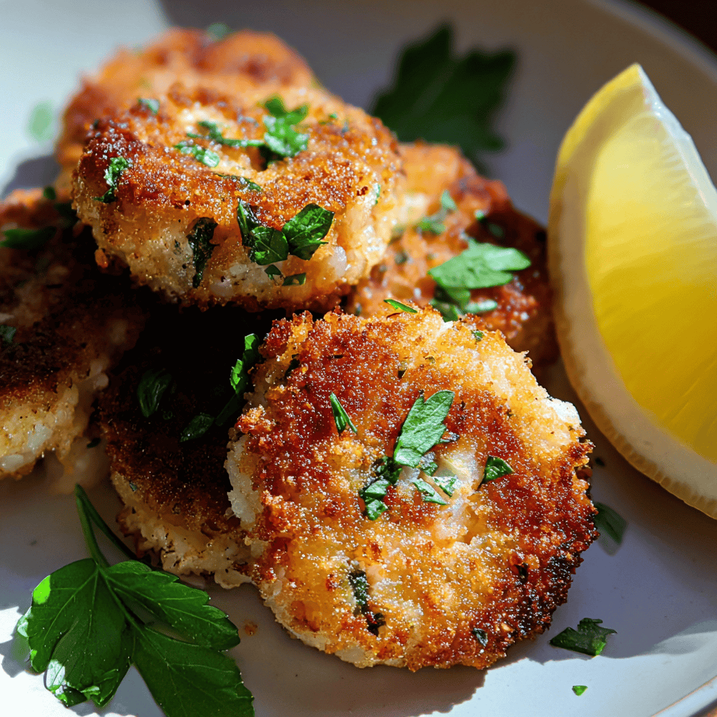 Crispy fish cakes garnished with herbs and a lemon wedge on a white plate.
