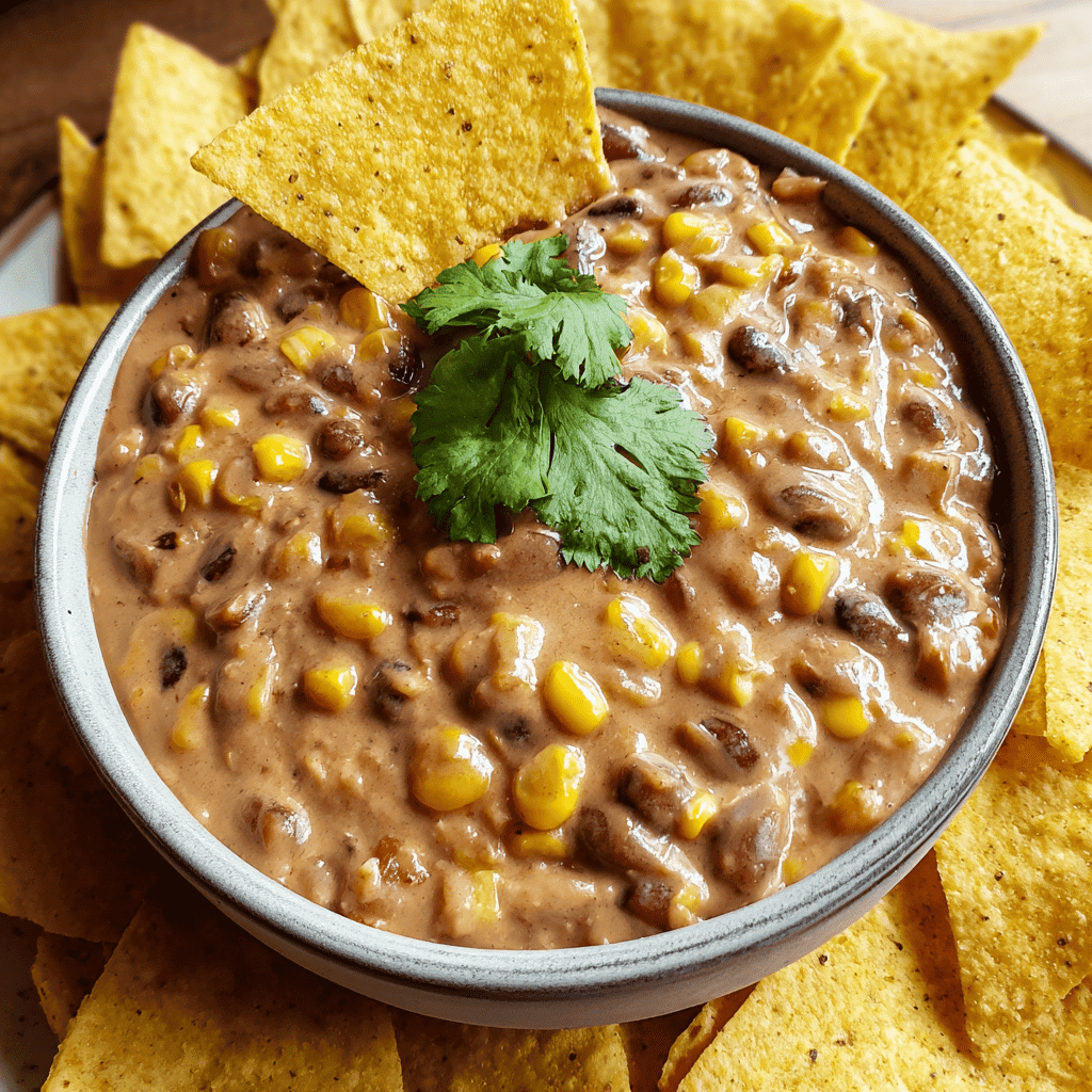 Creamy Bean and Corn Dip with Tortilla Chips, perfect for snacks and parties.