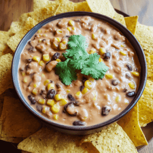Creamy black bean and corn dip with cilantro garnish, served with crispy tortilla chips.