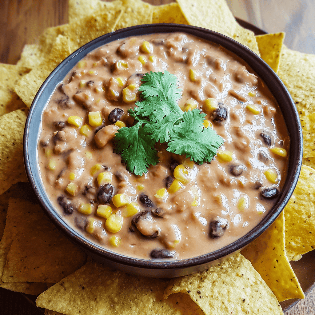 Creamy black bean and corn dip with cilantro garnish, served with crispy tortilla chips.
