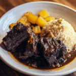 Braised beef short ribs with rice and roasted potatoes, hearty comfort food, delicious and flavorful steak dinner.