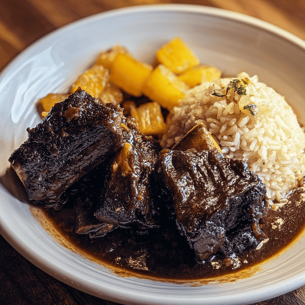 Braised beef short ribs with rice and roasted potatoes, hearty comfort food, delicious and flavorful steak dinner.