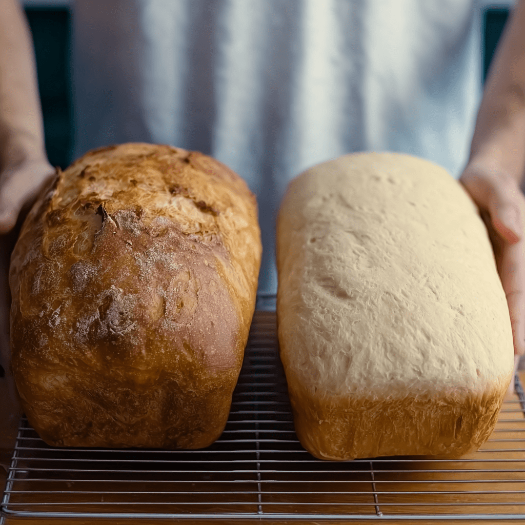 Creamy homemade bread dough before and after baking. Perfect for bread lovers and baking enthusiasts.