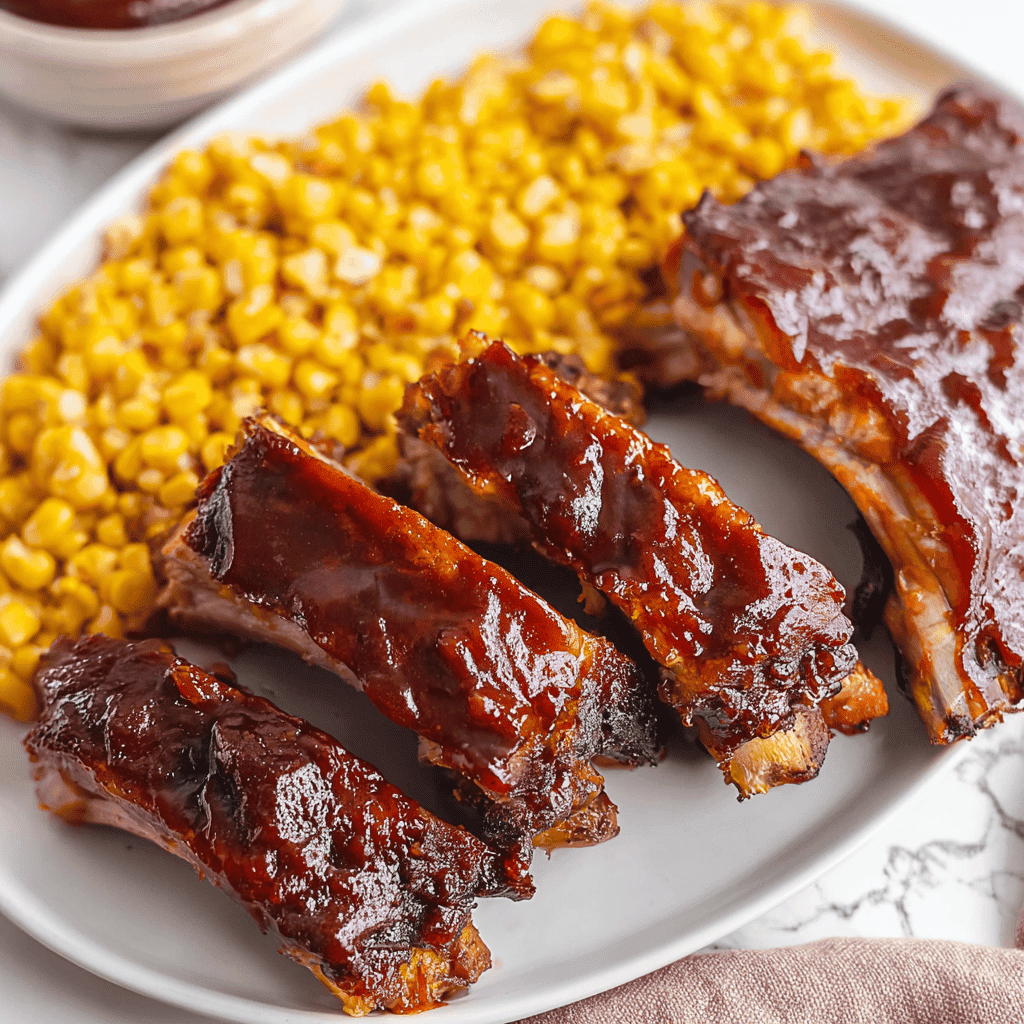 Succulent BBQ pork ribs with corn on the cob on a white plate.