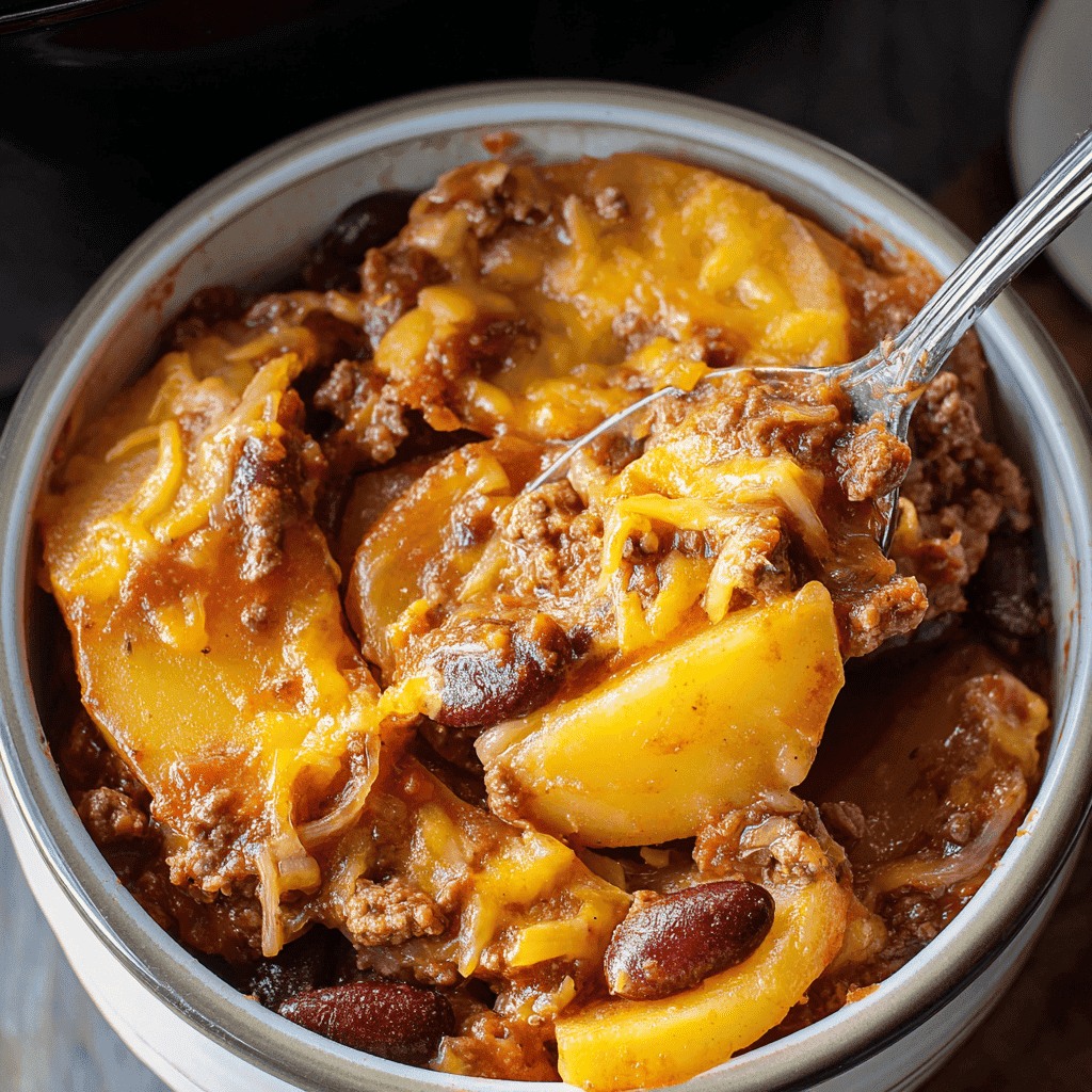 Tender beef chili with potatoes, beans, and melted cheese served in a white casserole dish.