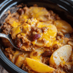 Creamy beef and potato chili in slow cooker with melted cheese and beans.