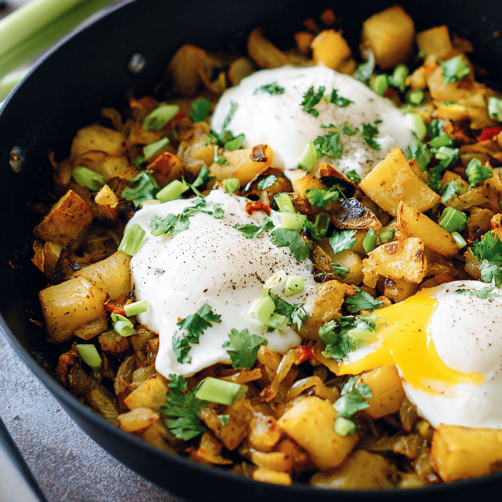 Crispy breakfast hash with fried eggs and fresh herbs.