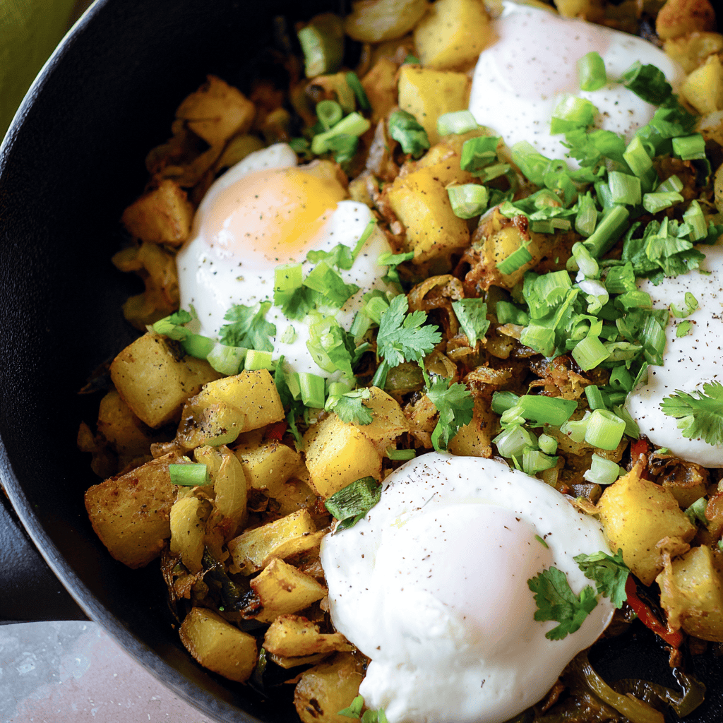 Scrambled eggs with potatoes, herbs, and green onions in a skillet.