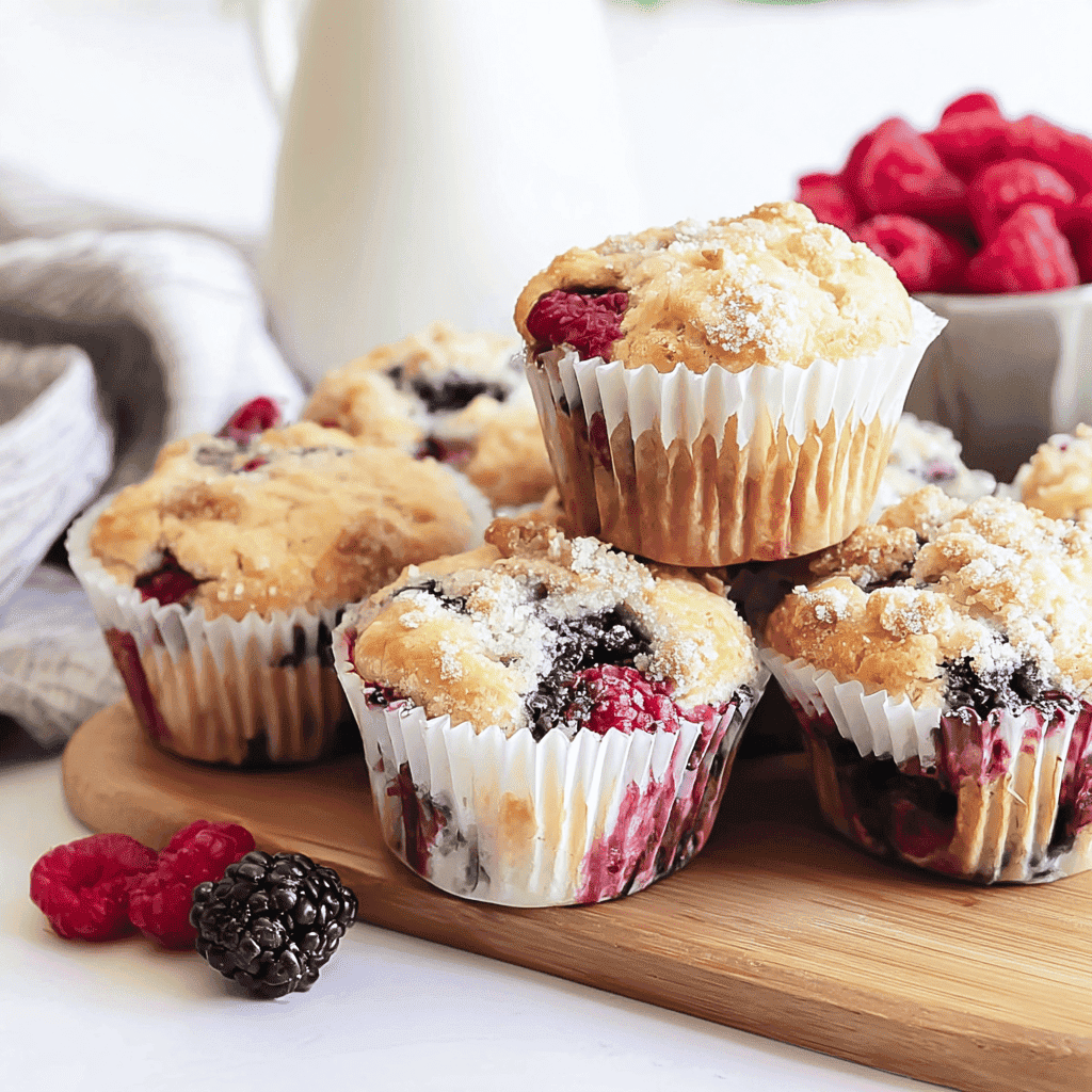 Delicious berry muffin with fresh raspberries and blackberries, perfect for breakfast or snack.