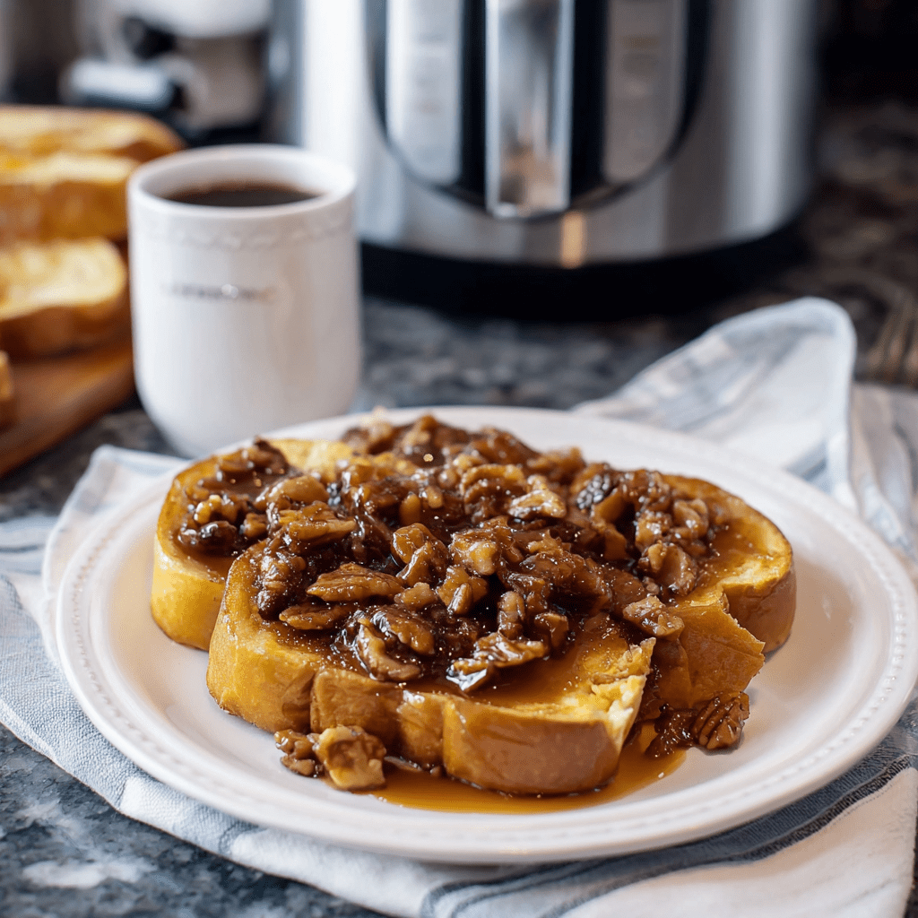Sweet French toast topped with caramelized nuts and syrup, perfect for breakfast or brunch.