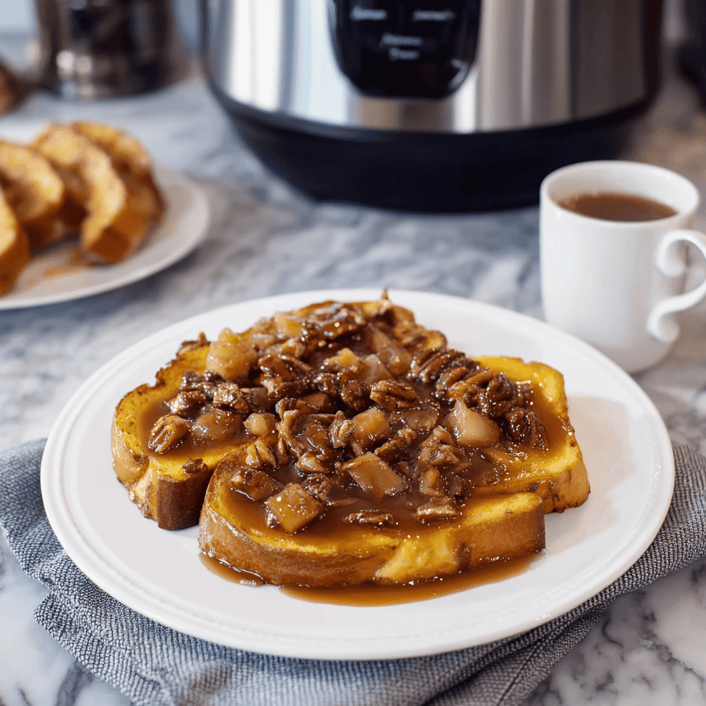 Sweet potato slices topped with savory mushroom gravy, served on a white plate.