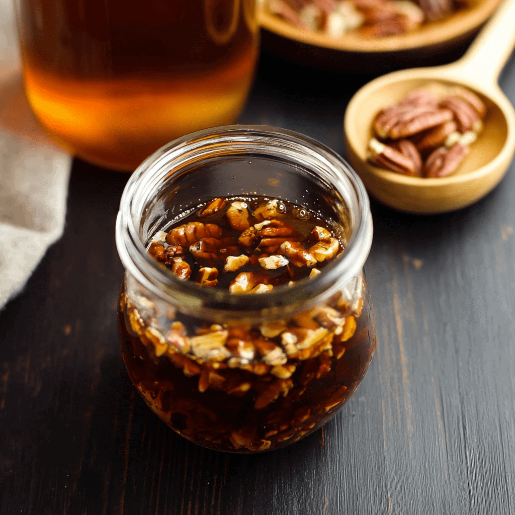 Sweet maple-glazed pecans in a glass jar for flavorful desserts and snacks.