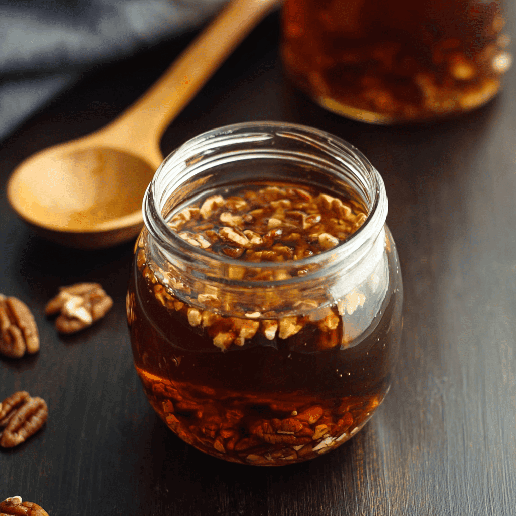 Sweet pecan praline spread in a glass jar, perfect for desserts and snacks.