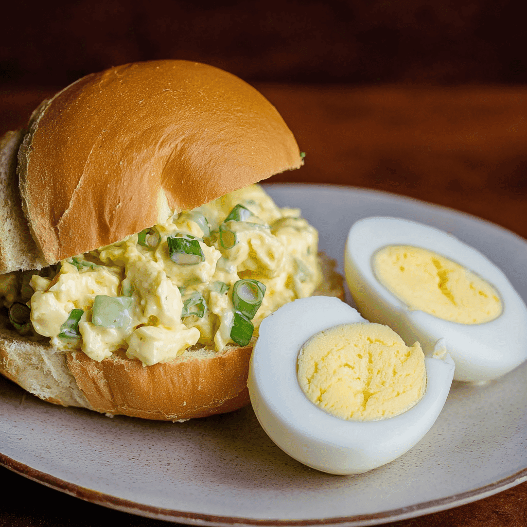 Creamy egg salad sandwich with chopped green onions on a soft bun, served with halved boiled eggs.