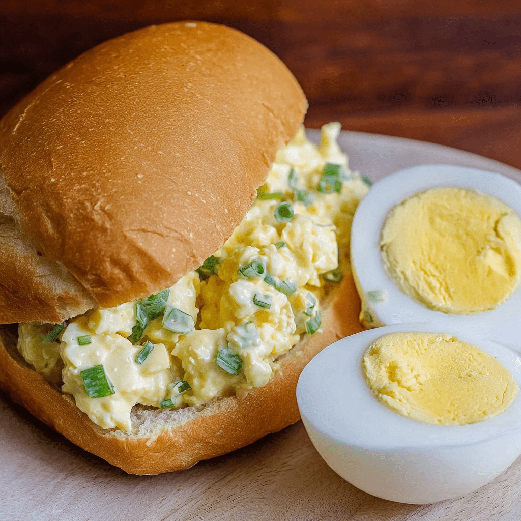 Scrambled eggs sandwich with chopped green onions on a toasted bun, served with half a boiled egg on the side.