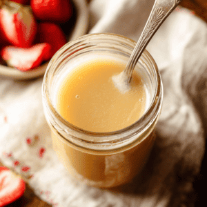 Creamy caramel sauce in glass jar with spoon, perfect for desserts and sweet recipes.