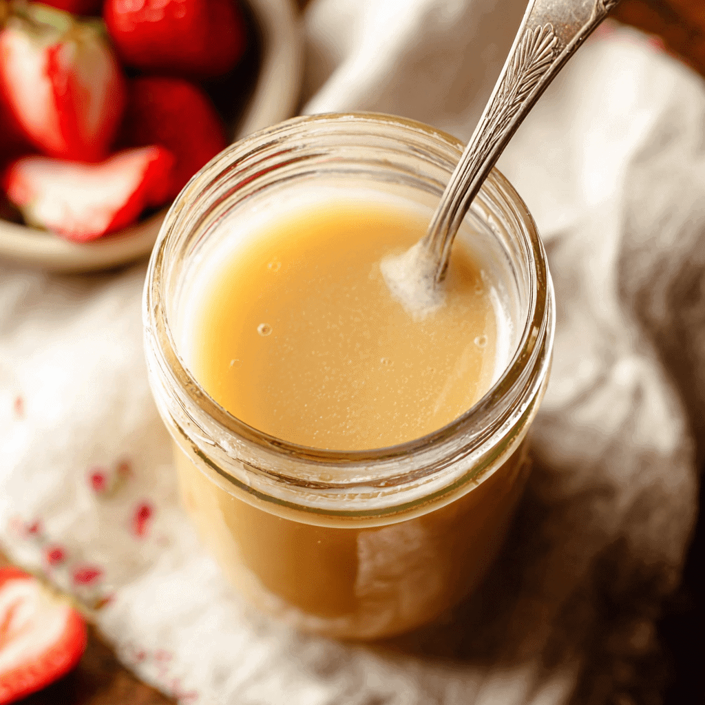 Creamy caramel sauce in glass jar with spoon, perfect for desserts and sweet recipes.