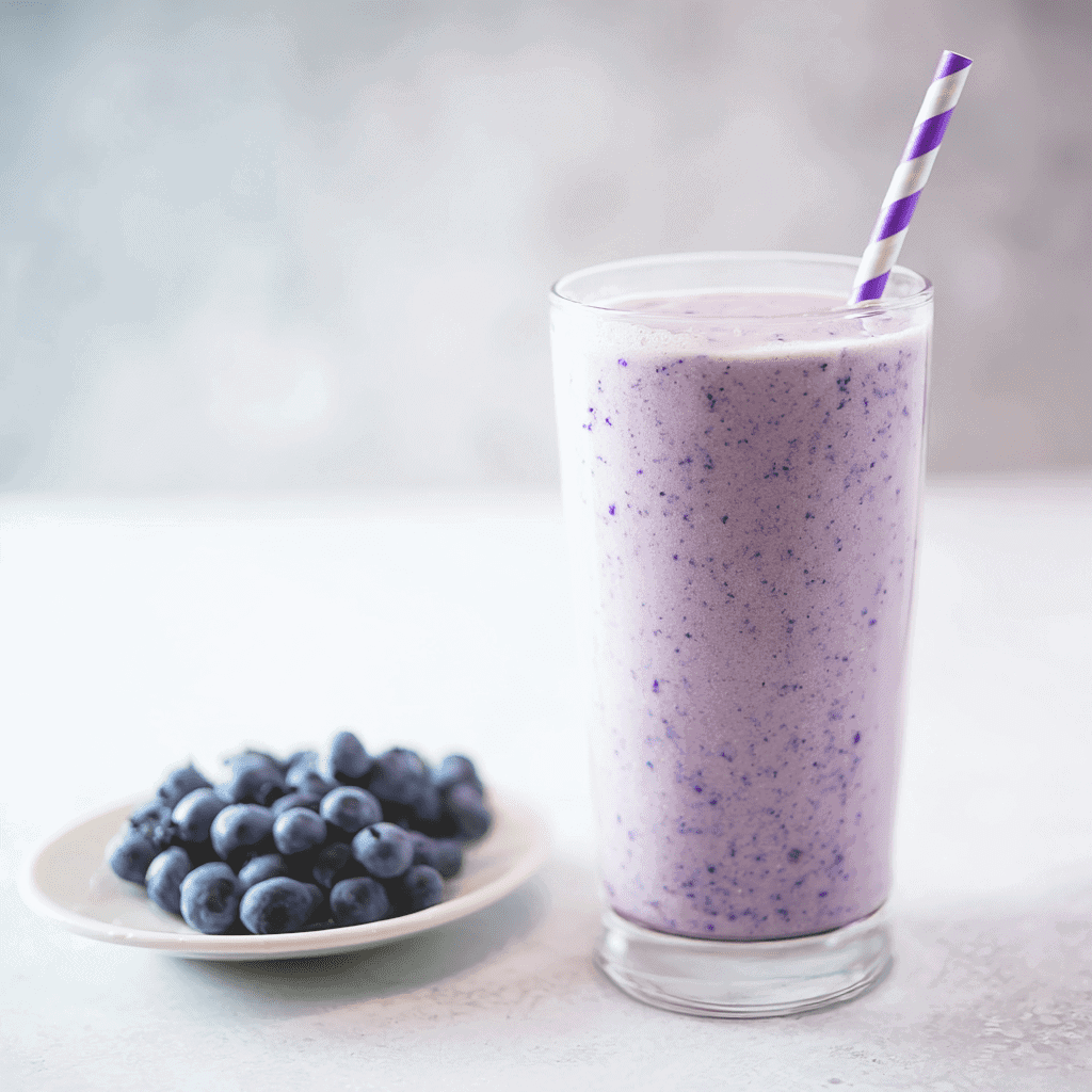 Blueberry smoothie in a tall glass with blueberries on a plate nearby.