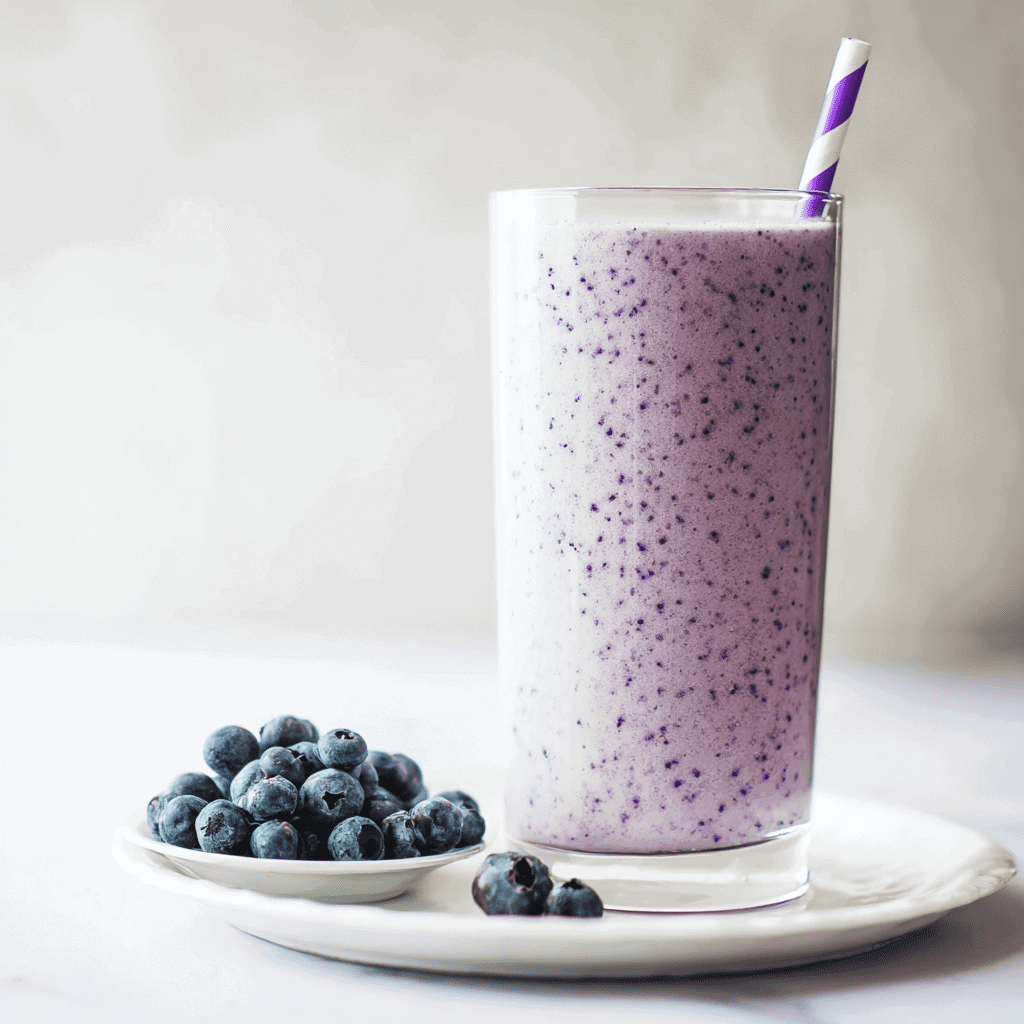 Blueberry smoothie with fresh blueberries on a white plate, served in a tall glass with a purple straw.