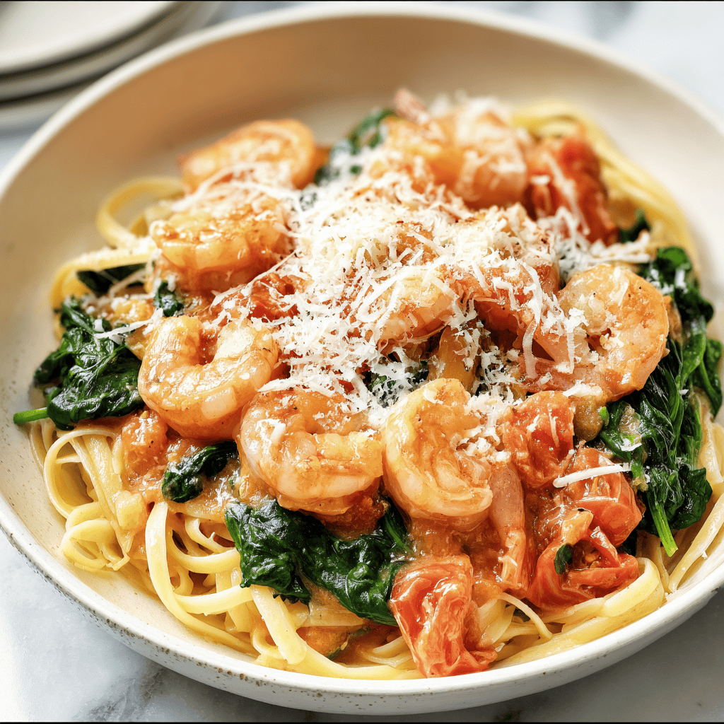 Juicy shrimp with spinach and tomato over creamy pasta, topped with grated cheese. Perfect seafood pasta recipe for dinner or lunch.