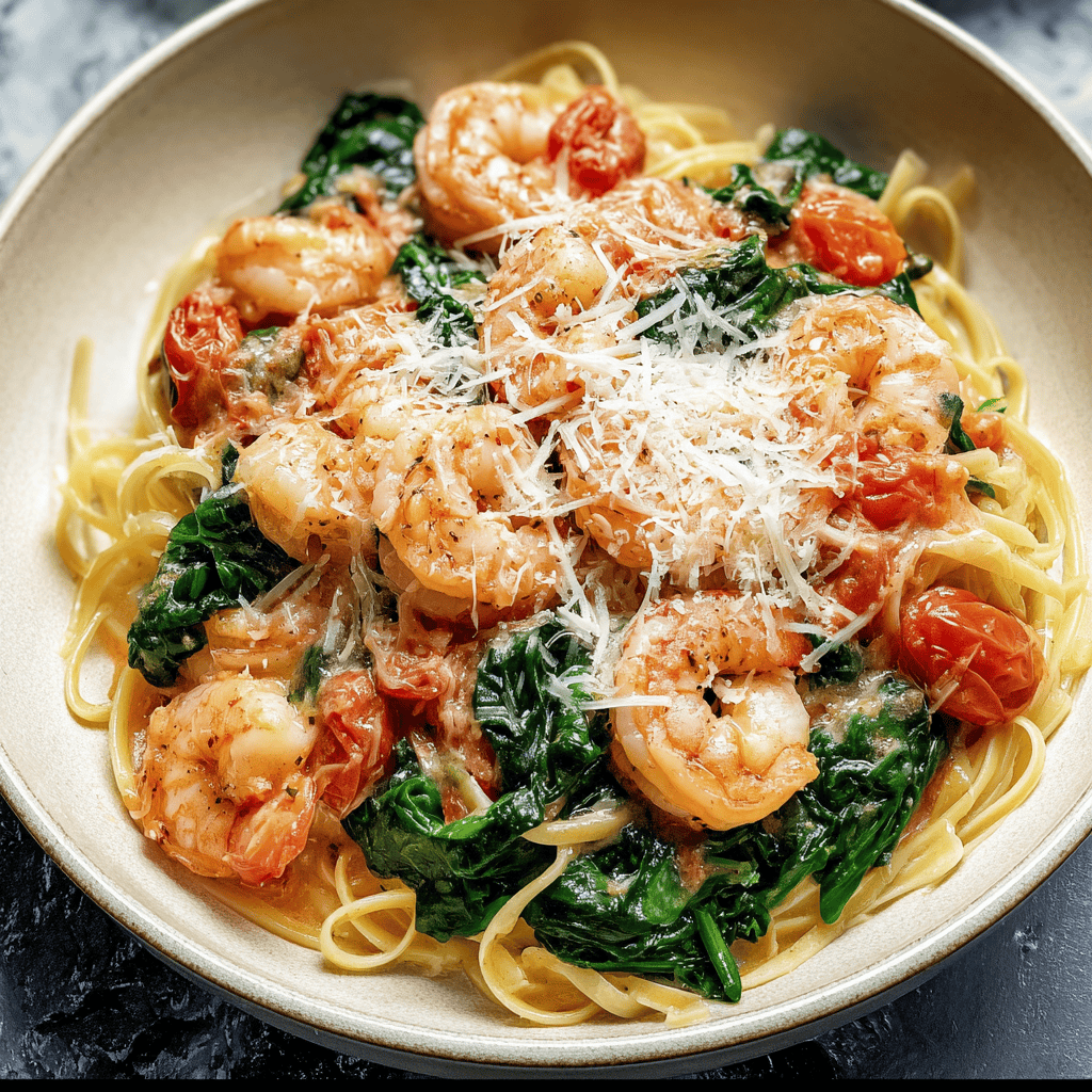 Fresh Shrimp Pasta with Spinach and Cherry Tomatoes in Cream Sauce, topped with Parmesan cheese. Perfect seafood pasta recipe.