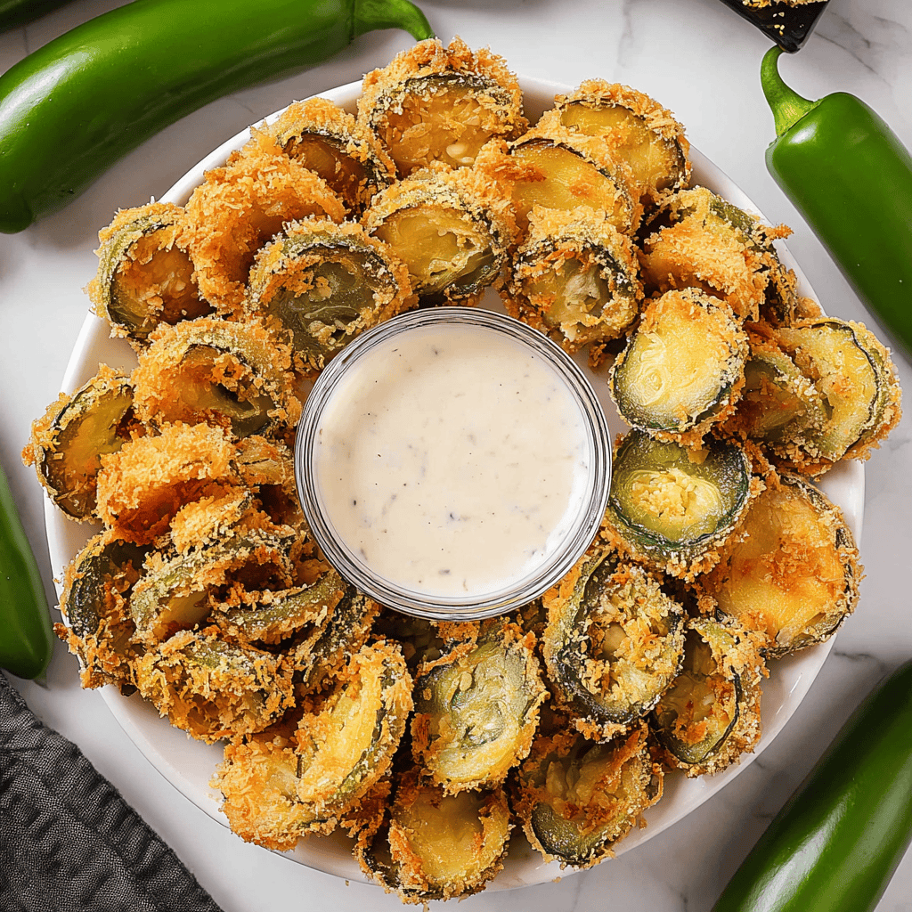 Fried jalapeño poppers with creamy dipping sauce on a white plate, surrounded by fresh jalapeños. Perfect spicy appetizer recipe.