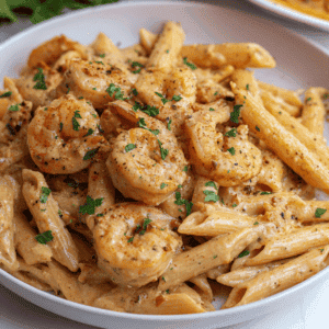 Creamy Cajun Shrimp Pasta with Penne, seasoned with spices and fresh herbs, served in a delicious creamy sauce.