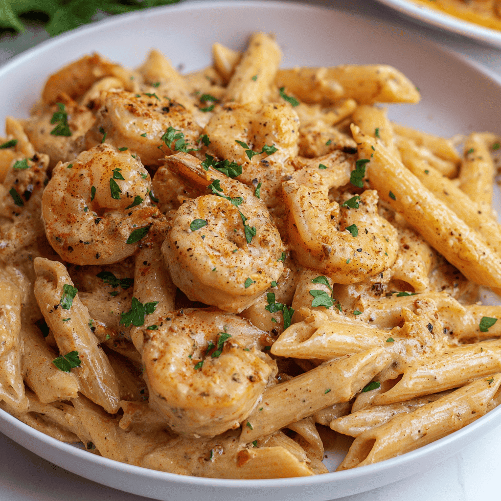 Creamy Cajun Shrimp Pasta with Penne, seasoned with spices and fresh herbs, served in a delicious creamy sauce.