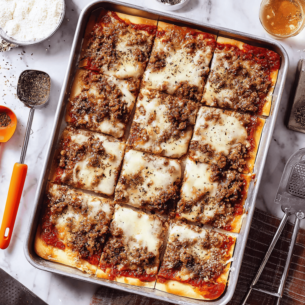 Warm baked lasagna with melted cheese and seasoned meat topping in a metal baking dish.