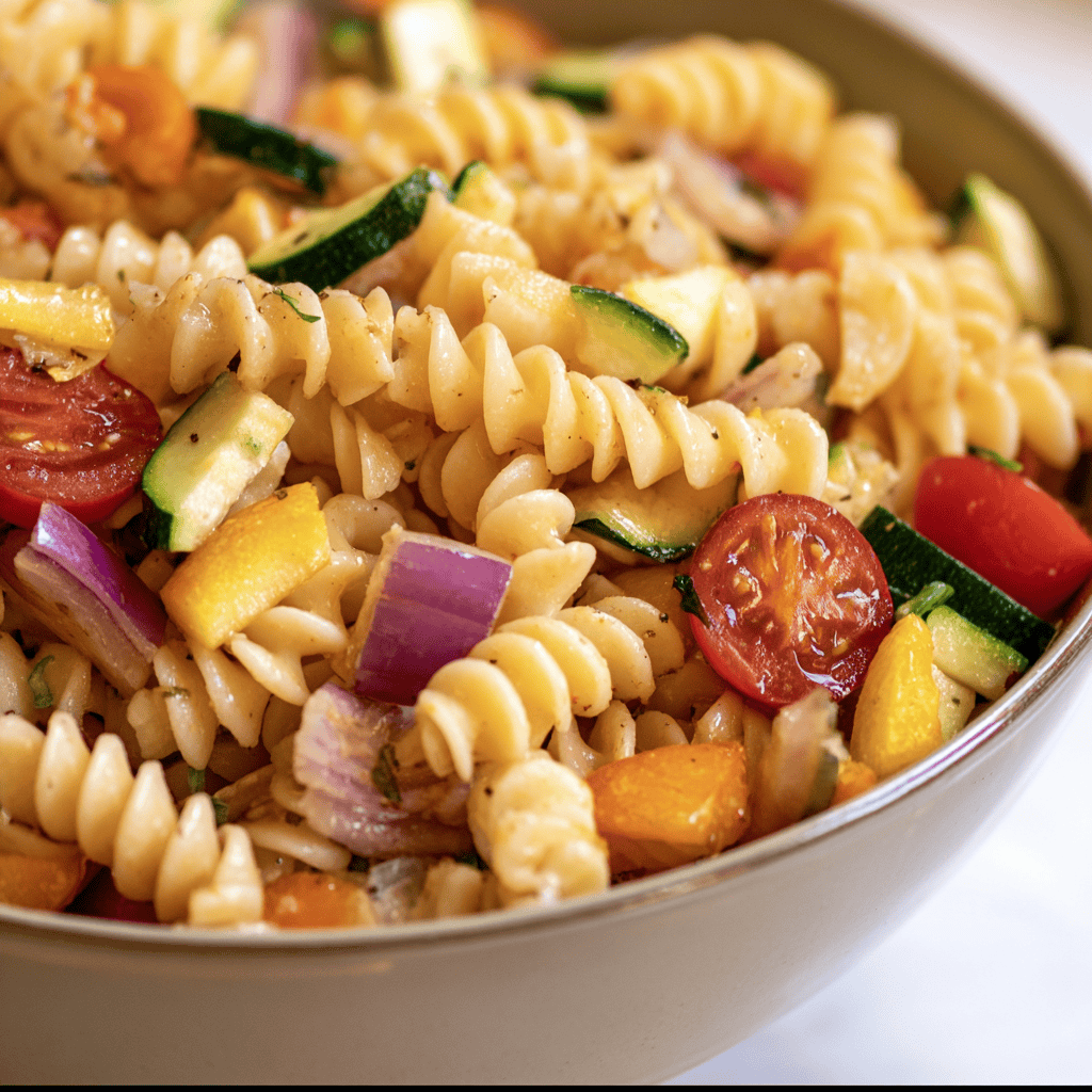 Colorful fresh vegetable pasta salad with cherry tomatoes, zucchini, and red onions. Perfect for summer meals and healthy eating.
