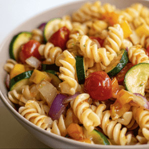 Salad with rotini pasta, cherry tomatoes, zucchini, yellow bell peppers, and red onions, fresh and colorful.