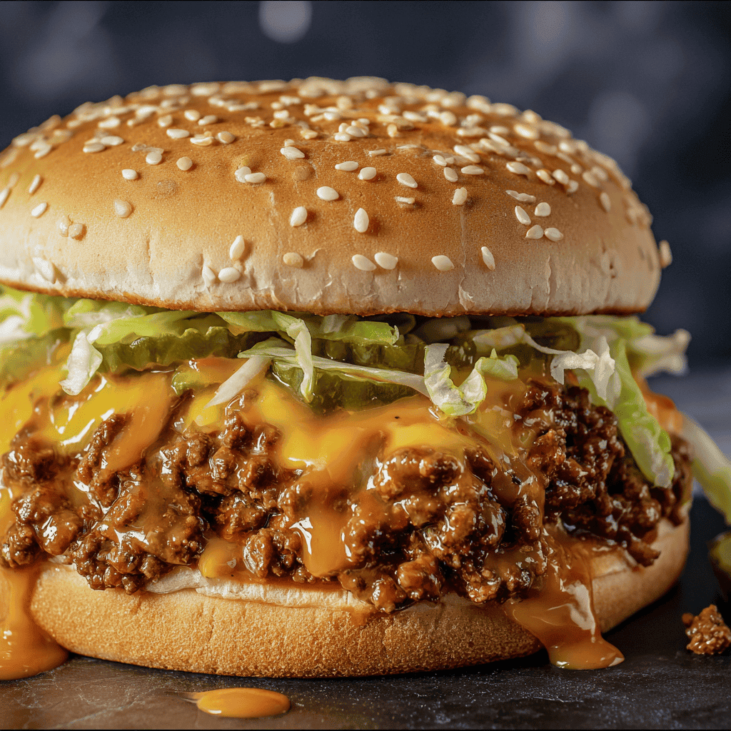 Creamy cheeseburger with seasoned ground beef, melted cheese, and fresh lettuce in a sesame seed bun.