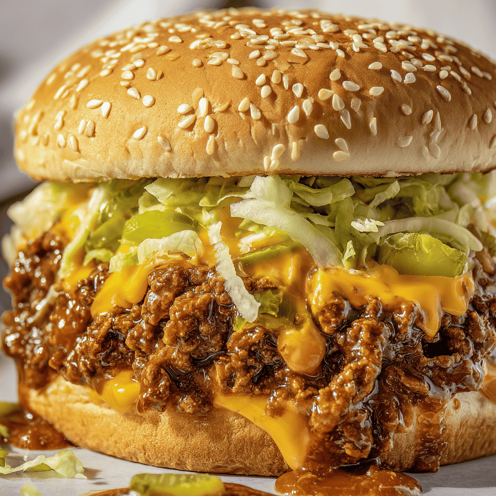 Savory cheeseburger with seasoned beef, lettuce, pickles, and melted cheese in a sesame seed bun.