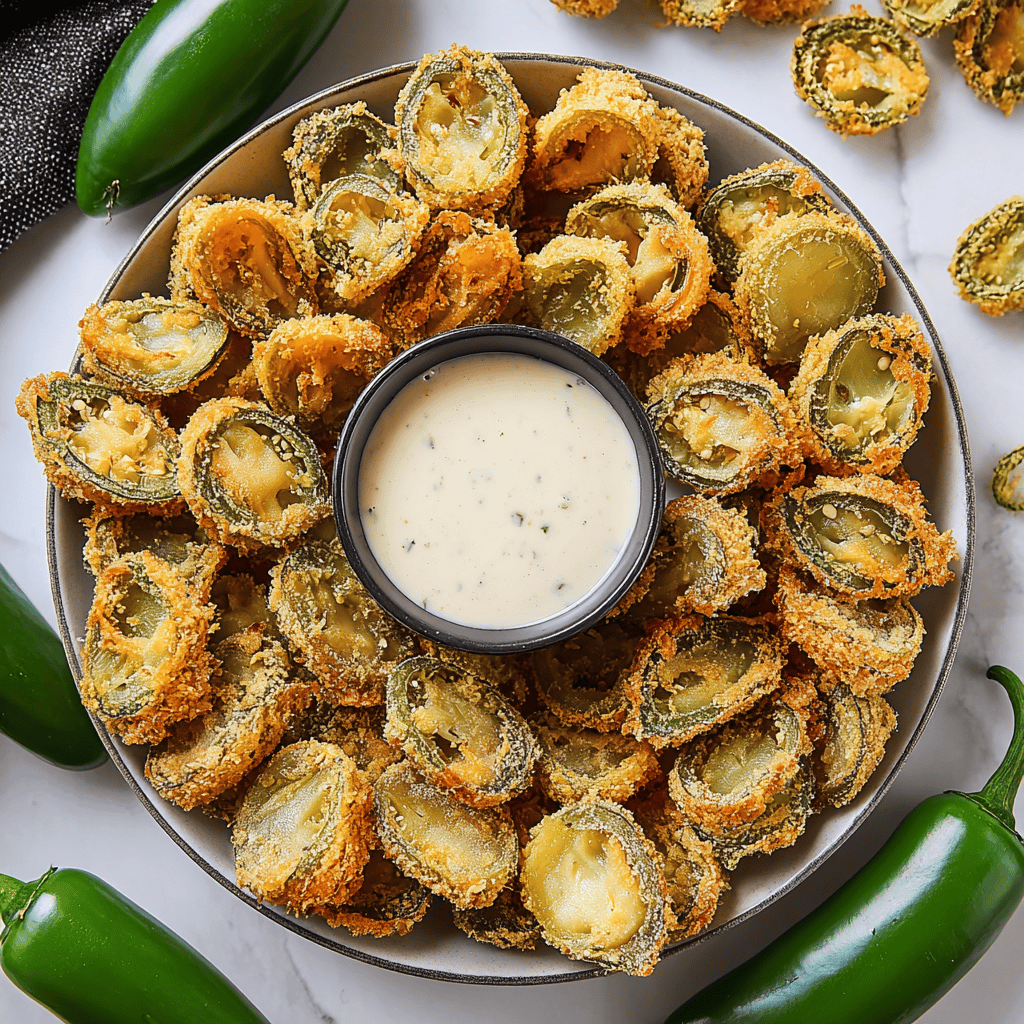 Crunchy fried jalapeño poppers with creamy dipping sauce, perfect for spicy appetizer lovers.