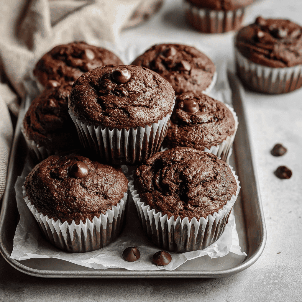 Delicious chocolate muffins with chocolate chips on a baking tray.