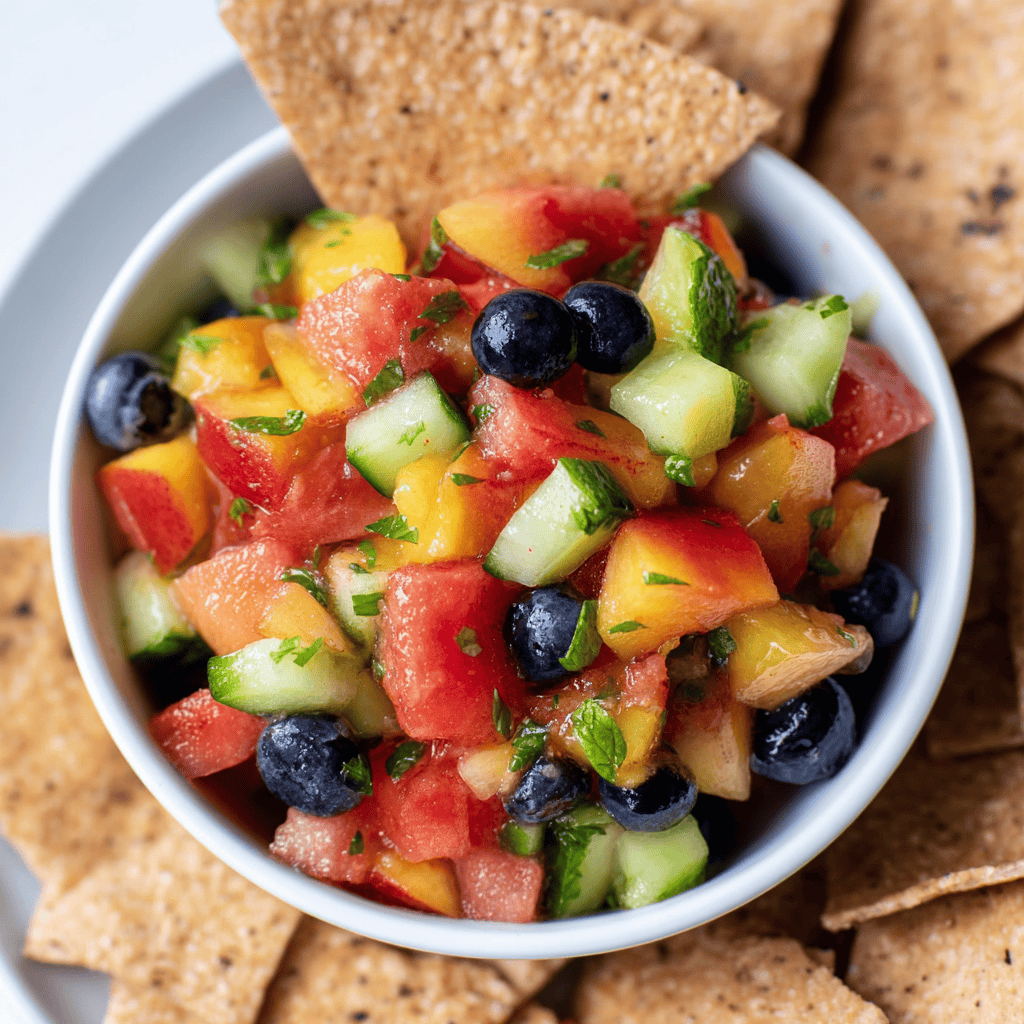Colorful fresh fruit salsa with tomatoes, blueberries, and cucumber served with crispy tortilla chips.