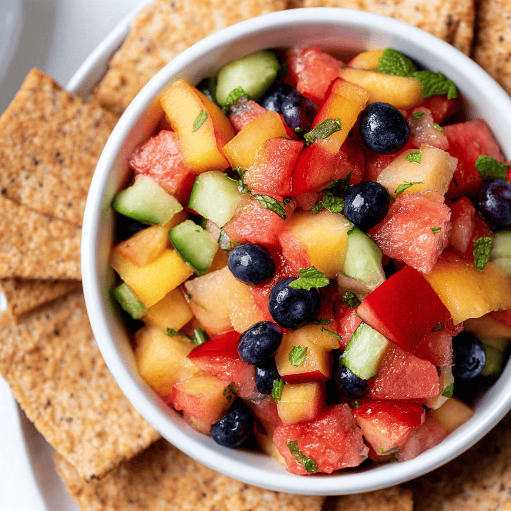 Fresh fruit salad with watermelon, blueberries, cantaloupe, and mint, served with whole grain crackers.