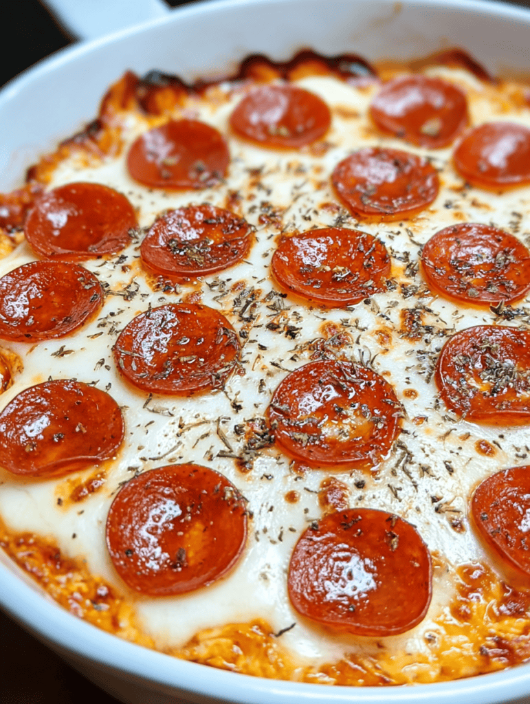 Oven-baked pepperoni pizza with melted cheese and herbs.