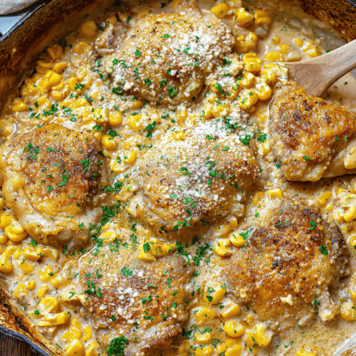 Creamy chicken and corn skillet dish with herbs in a rustic cast iron skillet, ready to serve.