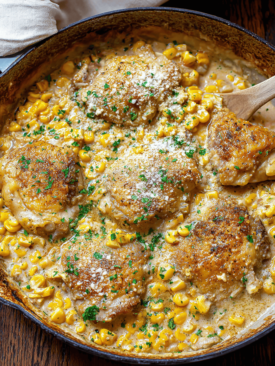 Creamy chicken and corn skillet dish with herbs in a rustic cast iron skillet, ready to serve.