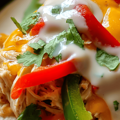 Fresh chicken and vegetable fajitas with melted cheese, sour cream, and cilantro on a soft tortilla.