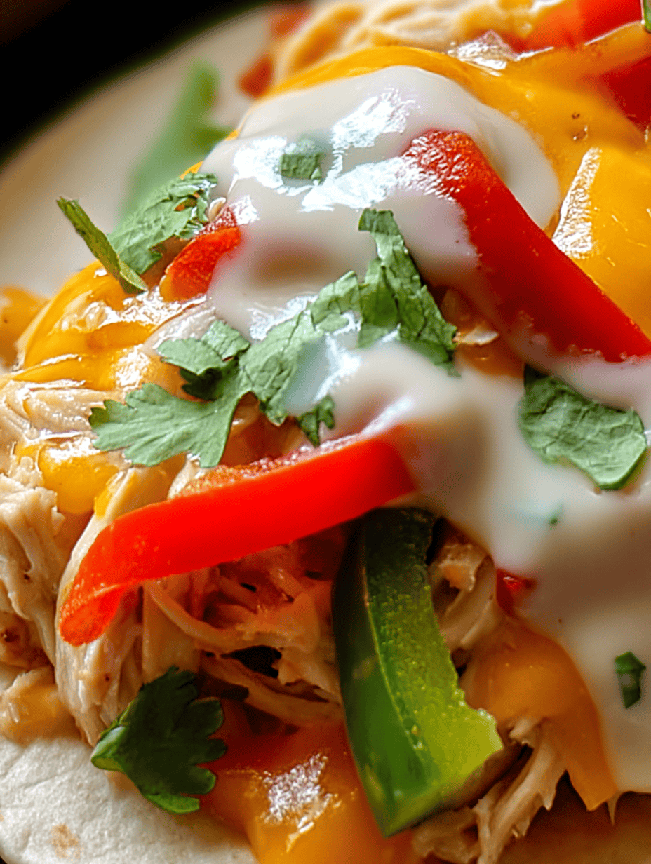 Fresh chicken and vegetable fajitas with melted cheese, sour cream, and cilantro on a soft tortilla.