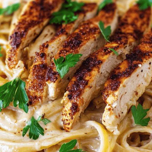 Grilled chicken breast with creamy Alfredo pasta garnished with fresh parsley. Perfect for easy dinner recipes and flavorful Italian dishes.